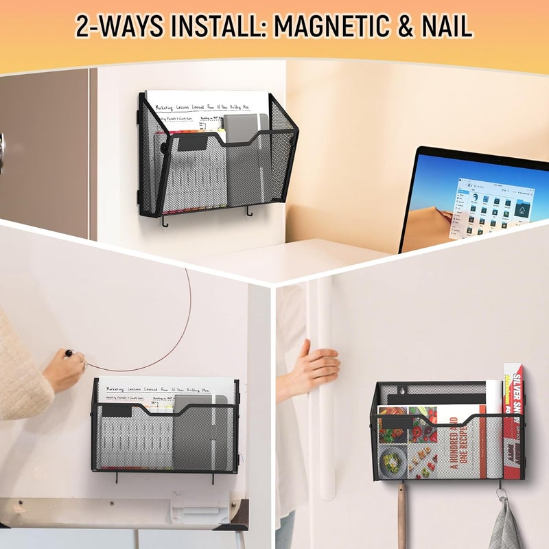 Docnest 6 Pack Magnetic Wall Mounted File Holders,Mesh Letter Organizer with Hooks, Magnetic Hanging Mail Paper Document Organizer for Office, Home, School, Black - Image 5